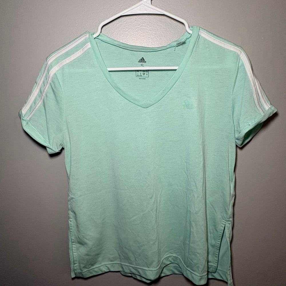 Women's Adidas Mint Green Short‎ Sleeve Tee with White Stripes S